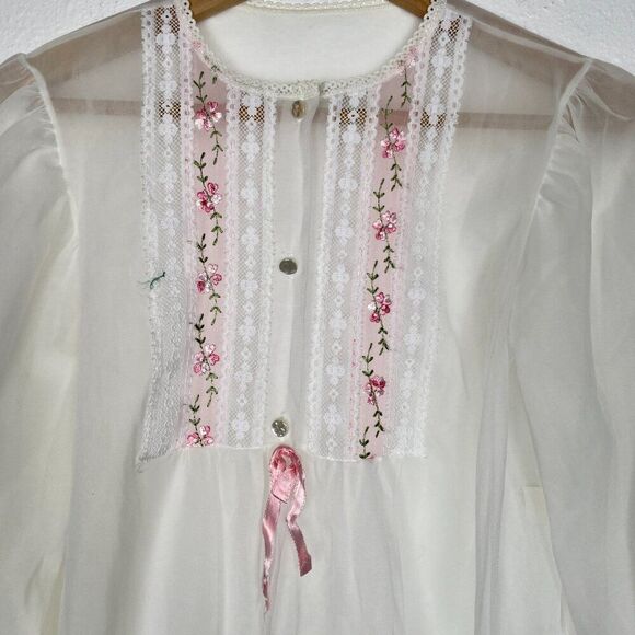 Vintage White Sheer Nightgown with Pink Floral Embroidered Embellishments Sz: S - Picture 4 of 9